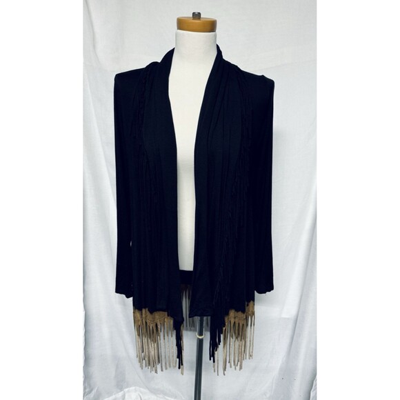T-Party Womens Fringe Open Front Cardigan S Black Brown Boho Festival Western - Picture 1 of 4